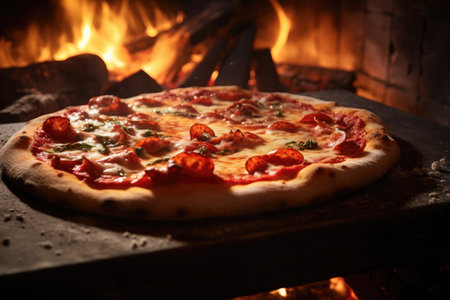 A pizza rests on a pizza pan while being cooked over a roaring fire, A piping hot pizza fresh out of the brick oven, AI Generatedの素材