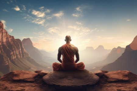 A lone man sitting calmly on a massive rock, enjoying the serene beauty of the natural landscape and distant mountains, A person meditating peacefully after an intense workout, AI Generatedの素材