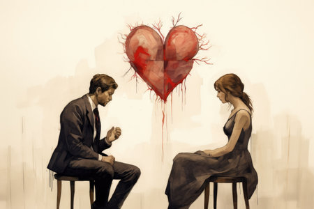 A couple sits on a chair, facing a heart symbol, A poignant portrayal of a tearful heart-to-heart conversation, AI Generatedの素材