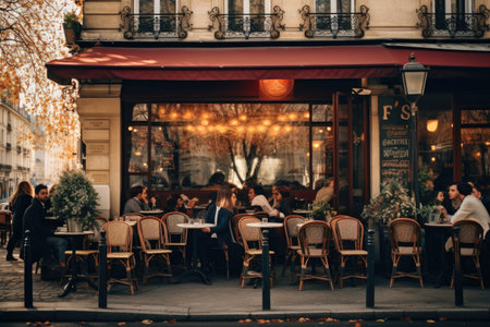 Group of People Sitting at Table Outside Restaurant Enjoying Meal and Conversation, A quaint Parisian cafÃÂ© with people watching the world go by, AI Generatedの素材
