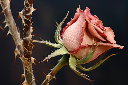 A vibrant pink rose bud delicately blossoms on a slender twig in this close-up nature photograph, A prickly and rough texture of a rose stem, AI Generatedの素材