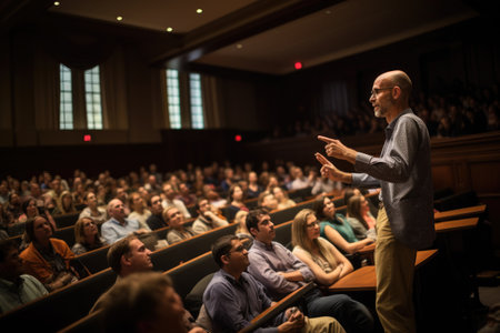 A man confidently stands before a large group of people, engaging in public speaking, A professor lecturing to a packed auditorium, AI Generatedの素材
