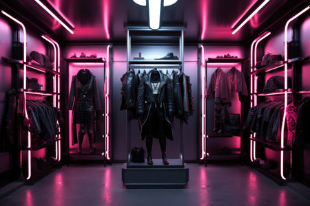 A woman stands in front of a closet filled with clothes, showcasing the abundance of her wardrobe, A punk style wardrobe mixed with futuristic elements, AI Generatedの素材