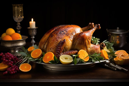 A beautifully cooked turkey served on a platter, accompanied by vibrant oranges and tart cranberries, A roasted turkey centerpiece for a holiday meal, AI Generatedの素材