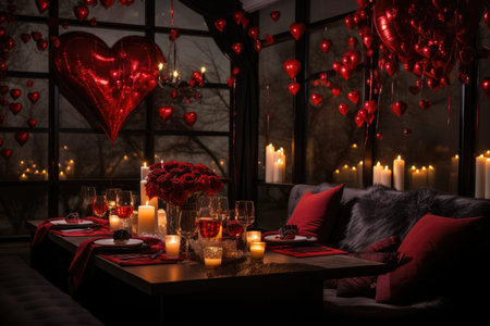 A beautifully decorated dining room table with romantic candles and red hearts hanging from the ceiling, A romantic candle-lit dinner setting with a Valentine's theme, AI Generatedの素材