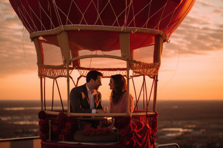Man and Woman in Hot Air Balloon, A Breathtaking Adventure Over the Skies, A romantic hot air balloon ride on Valentine's Day, AI Generatedの素材