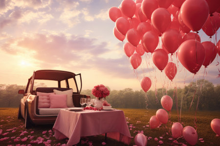 A car is parked in a field, surrounded by colorful balloons., A romantic picnic under a sky full of love heart balloons, AI Generatedの素材
