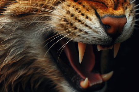 A powerful close-up image capturing a tigers face with its mouth wide open in a fierce roar., A rough and scratchy texture of a cat's tongue, AI Generatedの素材