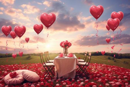 A romantic table setting for a Valentines Day dinner amidst a beautiful field of flowers., A romantic picnic under a sky full of love heart balloons, AI Generatedの素材