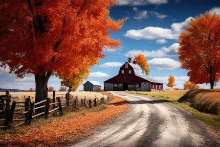 A peaceful country road leading towards a picturesque barn nestled in the distance., A rural autumn scene showcasing vibrant fall colors, AI Generatedの素材