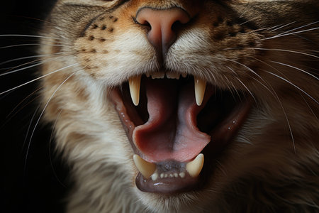 A vivid snapshot showcasing a cat with its mouth agape, revealing its unique feline expression., A rough and scratchy texture of a cat's tongue, AI Generatedの素材