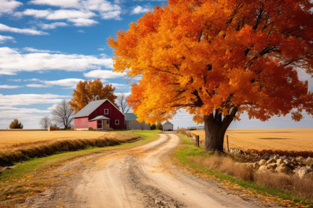 A beautiful country road with a vibrant red barn standing tall against the backdrop of nature., A rural autumn scene showcasing vibrant fall colors, AI Generated