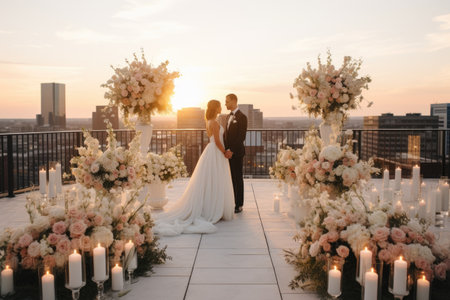 A beautifully dressed bride and groom stand together before a decorated wedding arch on their special day., A rooftop wedding with cityscape as the backdrop, AI Generatedの素材