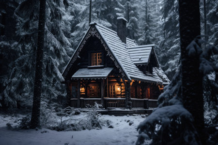 A cozy cabin nestled in a snowy woodland setting, capturing the beauty of a winter landscape., A rustic wooden cabin tucked away in a snowy forest, AI Generatedの素材
