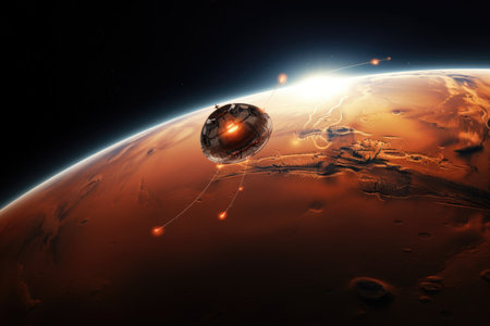 A space station built on a red planet, depicting the concept of human habitation in space exploration., A satellite beaming messages back to Earth from Mars, AI Generatedの素材