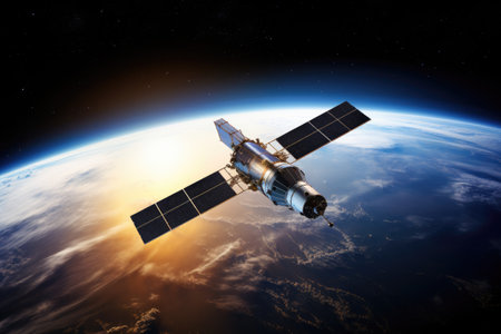 An artists depiction of a space station floating in orbit around the Earth., A satellite orbiting Earth seen from a space view, AI Generatedの素材