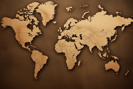 Enhance your living space with this unique and informative wooden world map, perfect for adding a touch of elegance and knowledge to any room., A sepia-toned map of the world, AI Generatedの素材