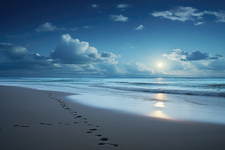 Nighttime Beach With Footprints and Full Moon, A serene moonlit beach with a coupleâs footprints leading to the horizon, AI Generatedの素材