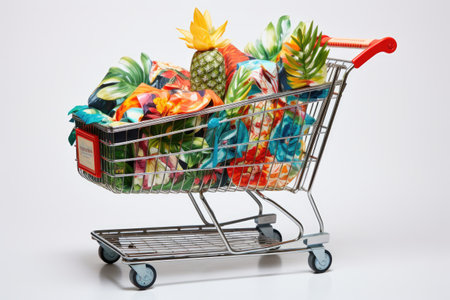 A shopping cart packed with vibrantly adorned pineapples, ready to be purchased., A shopping cart that's a jungle of eye-catching gift wrappings, AI Generatedの素材
