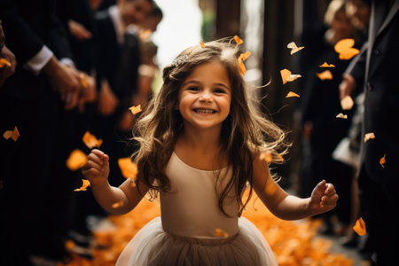 A little girl wearing a white dress stands amidst a vibrant display of orange petals., A shy flower girl dropping petals down the aisle, AI Generatedの素材