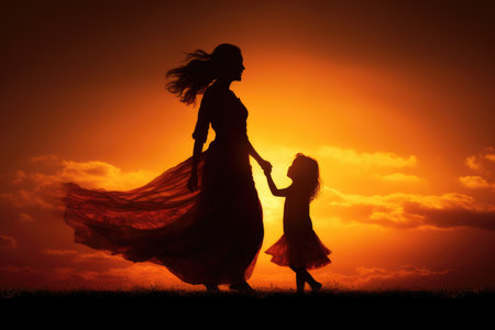A heartfelt photo capturing the deep connection between a woman and a little girl as they hold hands., A silhouette of a mother holding her child against the sunset, AI Generatedの素材