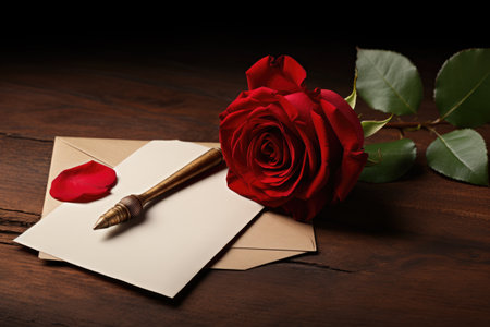 Red Rose on Envelope, Symbolic Love Letter or Romantic Gesture, A single red rose laying across an open love letter, AI Generatedの素材