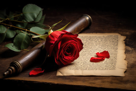 Red Rose on Paper With Pen - Romantic Symbol of Love and Expression, A single red rose laying across an open love letter, AI Generatedの素材