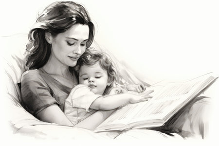 A woman and child bonding over a book during a special storytime session at home., A sketch of a mother reading to her child, AI Generatedの素材