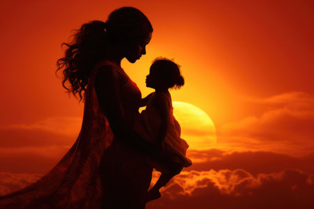 A beautiful silhouette shows a woman tenderly holding a child against the backdrop of a breathtaking sunset., A silhouette of a mother holding her child against the sunset, AI Generatedの素材