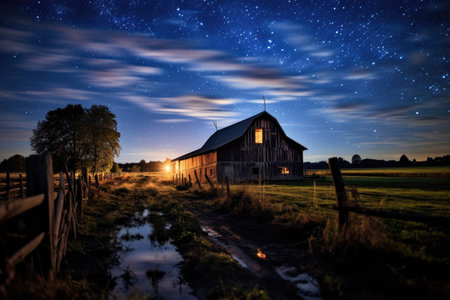 A solitary barn stands in the midst of a sprawling field under the serene cover of darkness., A silent night in the countryside with countless stars illuminating a barn, AI Generatedの素材