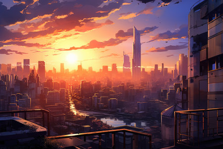 A captivating cityscape featuring the urban panorama against the backdrop of a stunning sunset., A skyscraper during sunset in a bustling city, AI Generatedの素材
