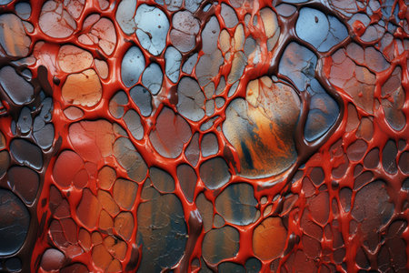 This image showcases a visually striking close-up of a surface featuring vibrant red and black colors, creating a bold and eye-catching contrast., A slick and shiny texture of wet paint, AI Generatedの素材