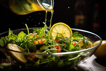 A glass bowl brimming with a delectable salad and a generous drizzle of dressing., A spritz of lime juice over a fresh salad, AI Generatedの素材