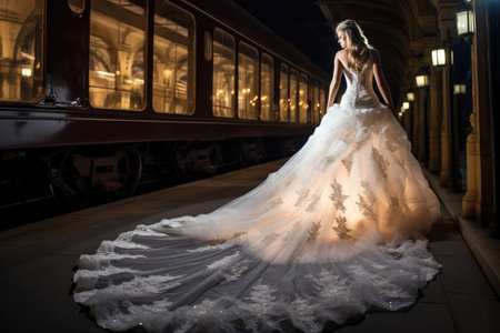 A woman in a wedding dress stands in front of a train., A sparkling white wedding dress with long lace train, AI Generatedの素材
