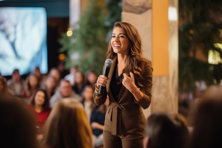 Portrait of a beautiful young woman speaking in a conference hall, Empowered woman delivering an engaging and dynamic presentation to a female audience, AI Generatedの素材