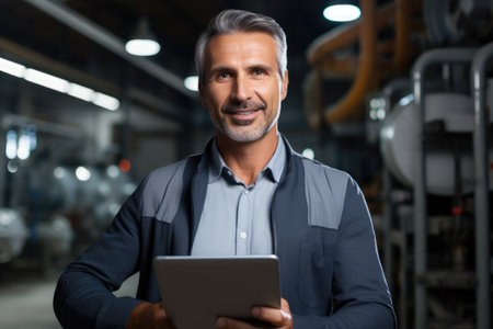 Portrait of confident mature man holding digital tablet in warehouse at factory, Engineer manager leader wearing helmet holding tablet looking at camera, AI Generatedの素材