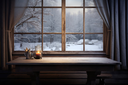 Wooden table in front of window with winter landscape in the background, Empty table and winter window in background, AI Generatedの素材