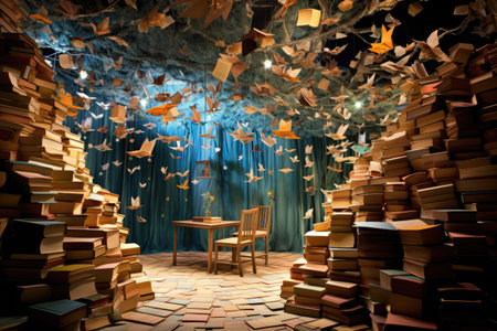 Pile of old books in a room with blue curtains. 3d rendering, Enter a whimsical literary wonderland where floating books create enchanting pathways of words and ideas, AI Generatedの素材