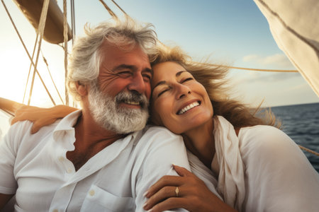 Happy senior couple on sailboat at sea. They are looking at camera and smiling, Enjoying luxury life, Beautiful happy senior couple in love relaxing on the side of sailboa, AI Generatedの素材