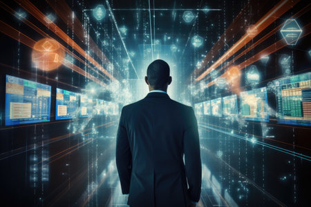Rear view of businessman looking at digital screen against composite image of binary code, Ensure secure commerce with AI-enabled fraud detection systems, AI Generatedの素材