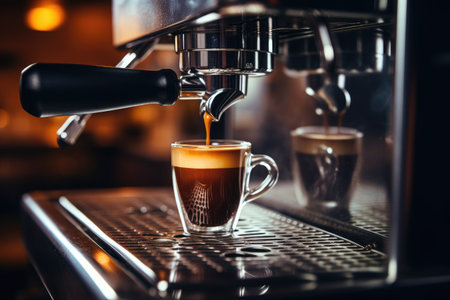 Coffee machine pouring coffee into a cup, close-up, Espresso poruing from coffee machine at cafe, AI Generatedの素材