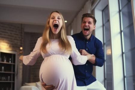 Happy pregnant woman with husband at home. Husband is playing with his pregnant wife, Excited couple enjoying pregnancy, AI Generatedの素材