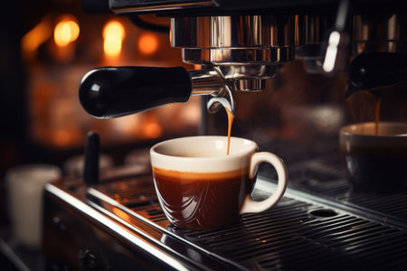 Espresso machine making coffee in cafe. Professional coffee brewing, Espresso poruing from coffee machine at cafe, AI Generatedの素材