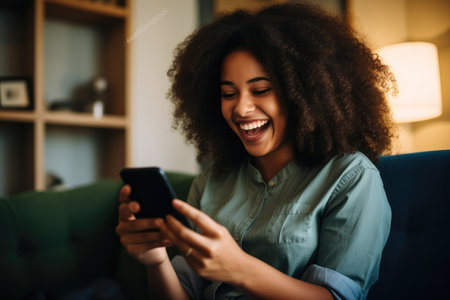 Portrait of a smiling african american woman using mobile phone at home, Excited happy young black woman holding smart phone device sitting on sofa at home, AI Generatedの素材