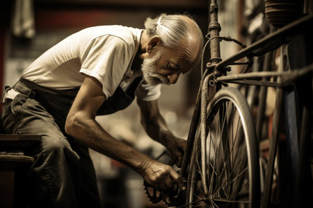 Elderly man repairing a bicycle in his workshop. Black and white, Expert man working repairing and maintenance a bike, AI Generatedの素材