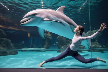 Beautiful girl and dolphin in the aquarium. Underwater world, Experienced girl fitness club teacher performs dolphin asana, AI Generatedの素材