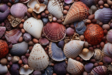 Variety of seashells and pebbles background, top view, Experience rich textures with macro photography, showcasing intricate patterns of bark, fabric, and seashells, AI Generatedの素材