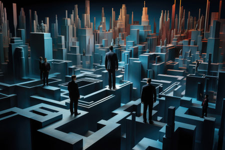 Business people looking at skyscrapers and maze. 3D rendering, Exploring the Evolving Interplay of Business, AI Generatedの素材