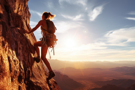 Young woman climbing on a cliff. Sport and active life concept, Extreme woman rock climbing on a mountain, no visible faces, AI Generatedの素材