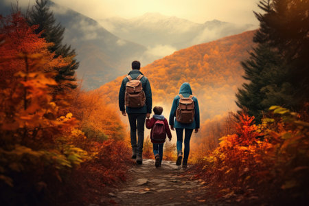 Family with backpacks walking on a path in the autumn forest, Faceless family walking hike through colorful autumn forest, AI Generatedの素材